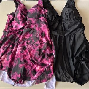 Torrid Wireless Short Asymmetrical Swim Dress With Brief 2X Black & Pink Tie Dye